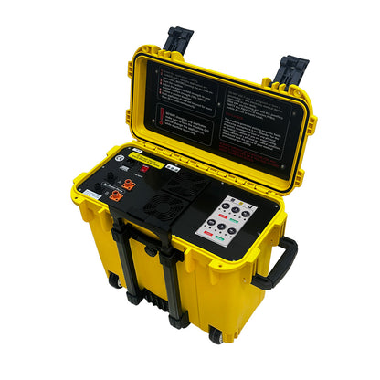 HKS-29D open hard case showing dual-channel control panel, System A and System B ports, touch LCD and internal storage