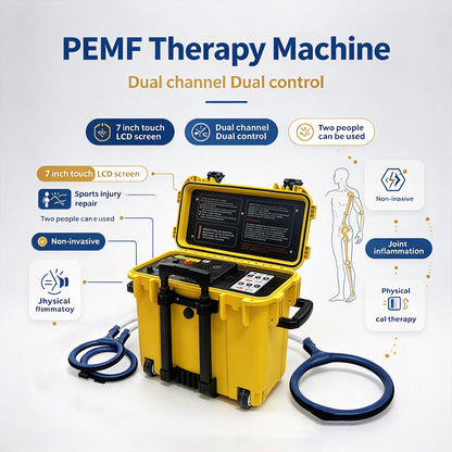 PEMF Therapy Machine HKS-29D feature callouts on the dual-channel control panel and applicators