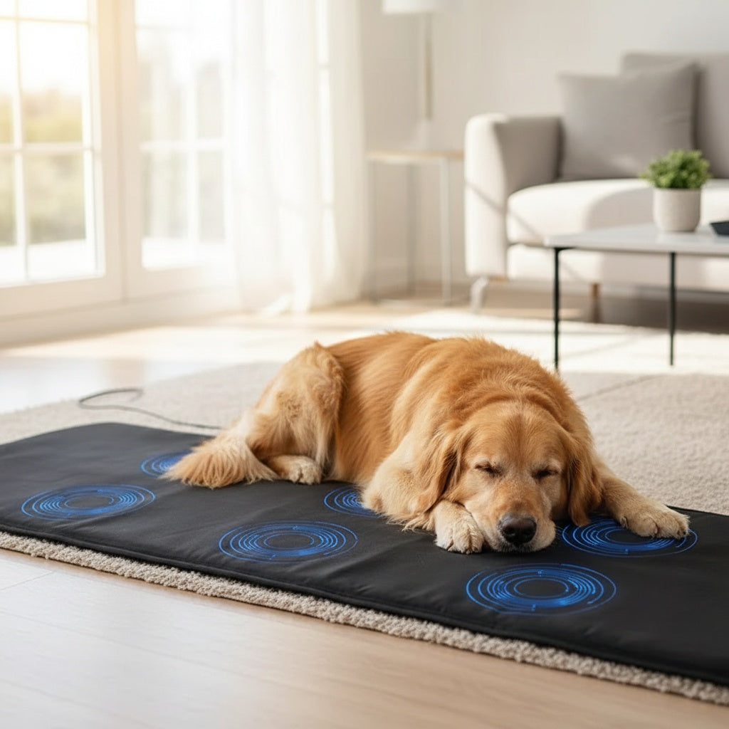 Cat using 200x60cm PEMF mat for wellness and mobility improvement