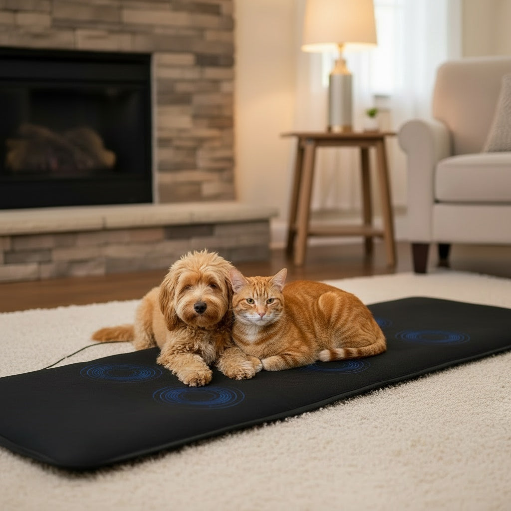 Dog lying on PEMF therapy mat for arthritis treatment and recovery