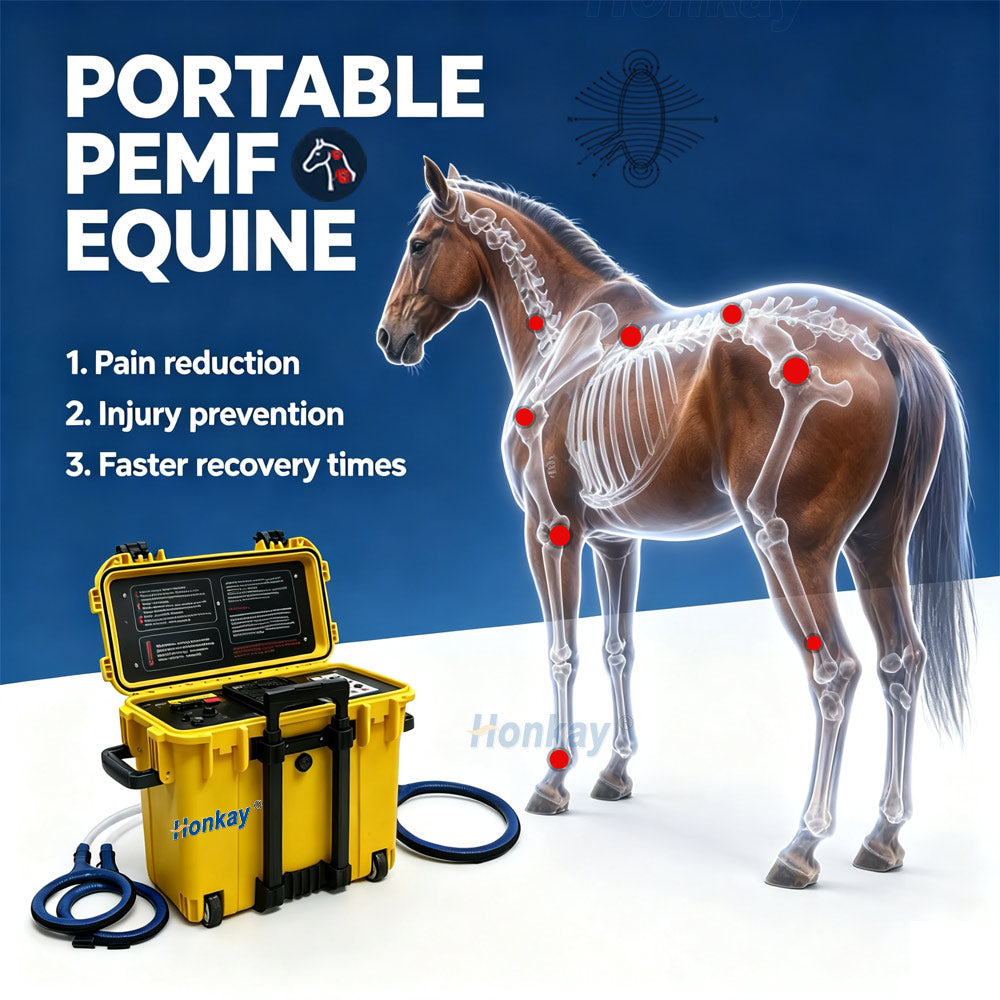Equine PEMF machine HKS-29D with horse skeletal anatomy illustration showing equine application areas