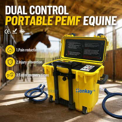 Portable PEMF equine machine HKS-29D in a stable aisle with a horse, large loop and butterfly loop connected