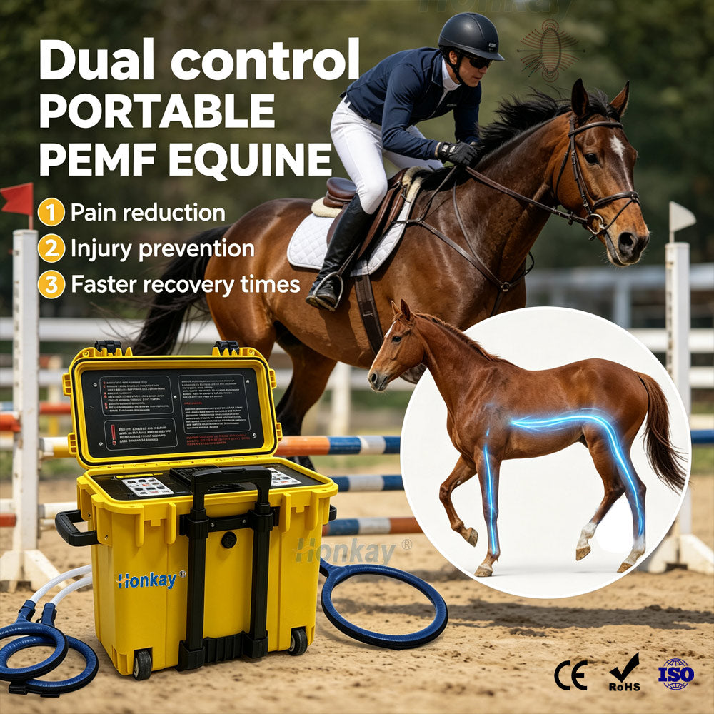 Portable PEMF equine machine HKS-29D at a show jumping arena with a horse and rider, CE RoHS ISO certified