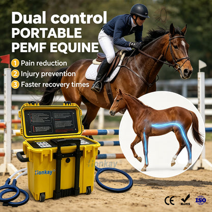 Portable PEMF equine machine HKS-29D at a show jumping arena with a horse and rider, CE RoHS ISO certified