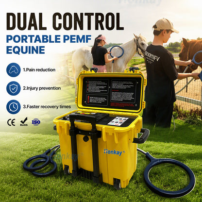 Dual control portable PEMF equine machine HKS-29D in use outdoors with two horses and two loop applicators