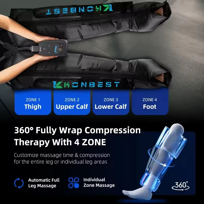 Leg massager boots showing compression chambers and controls