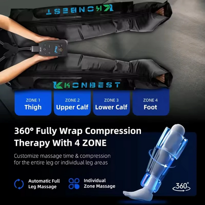 Leg massager boots showing compression chambers and controls