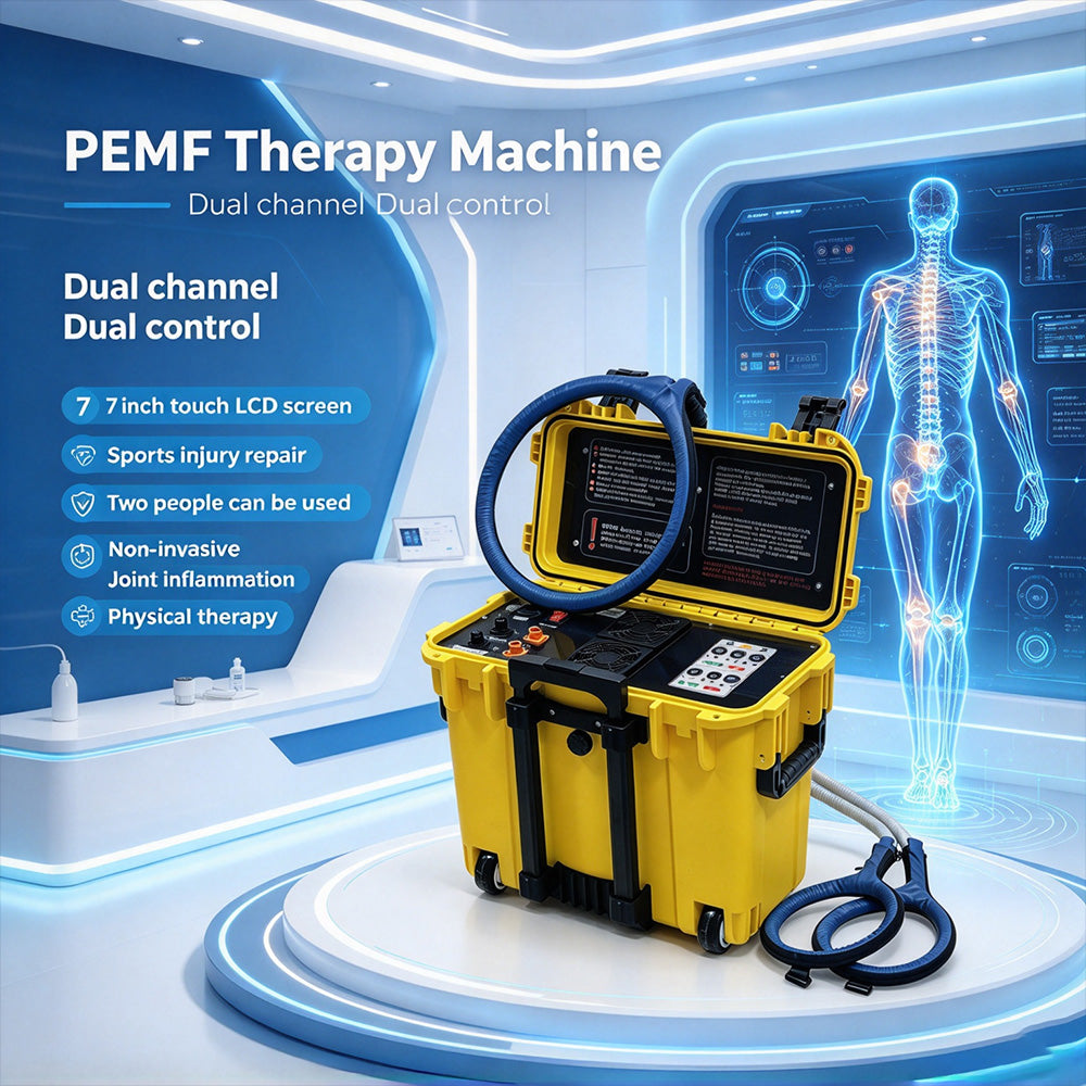 Portable Dual Control PEMF Therapy Machine HKS-29D in a wheeled hard case with dual-channel applicators, studio product view